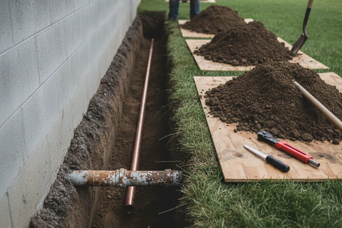Excavated water line trench during Sewer Line Repair in Haltom City